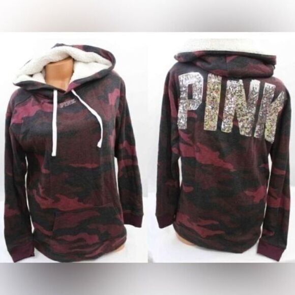 Pink Vs camouflage red bling sequin Sherpa Hoodie hooded sweatshirt jacket Large - Picture 3 of 7
